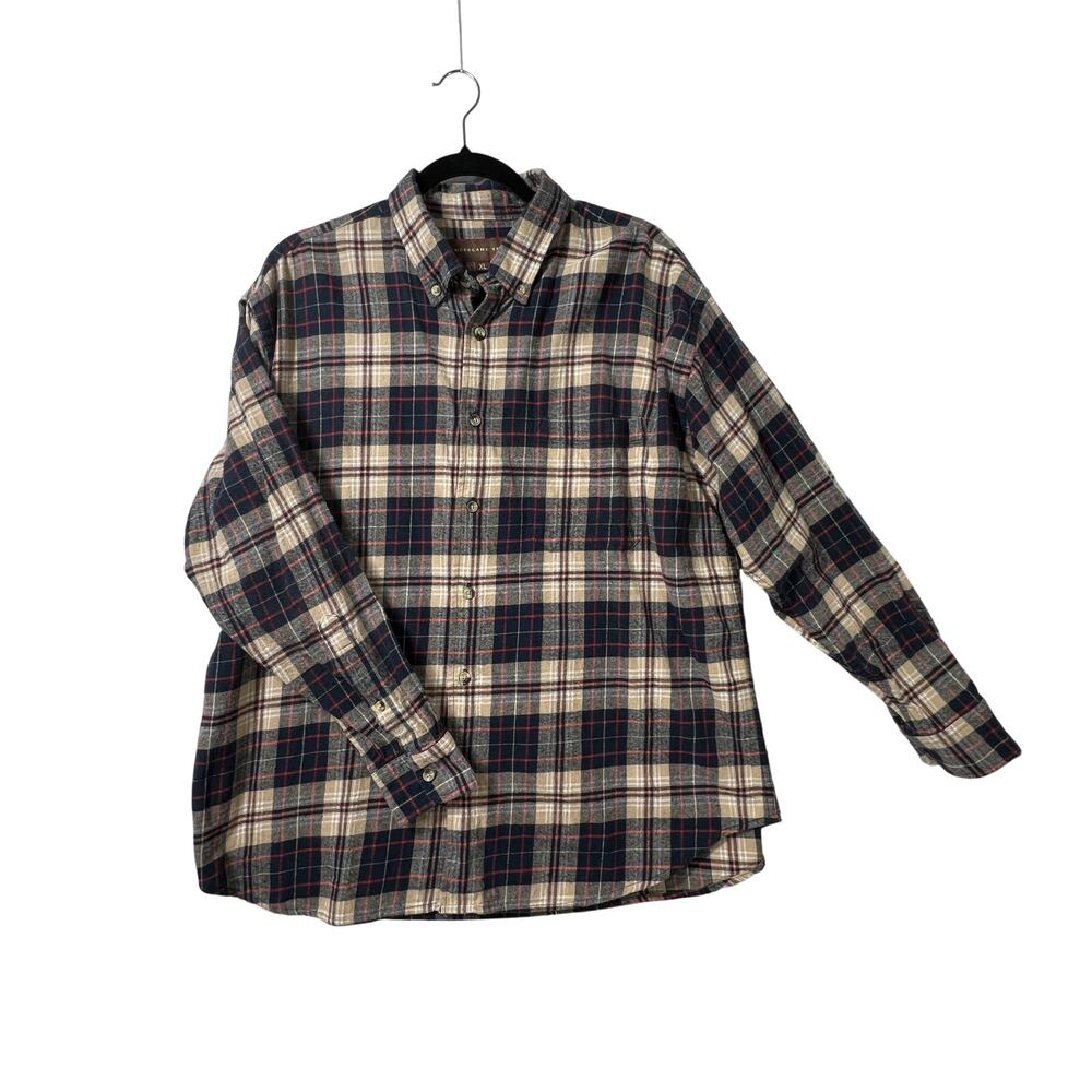 Woodland Trail Mens Button Front Shirt Size XL Flannel Plaid Brown Blue